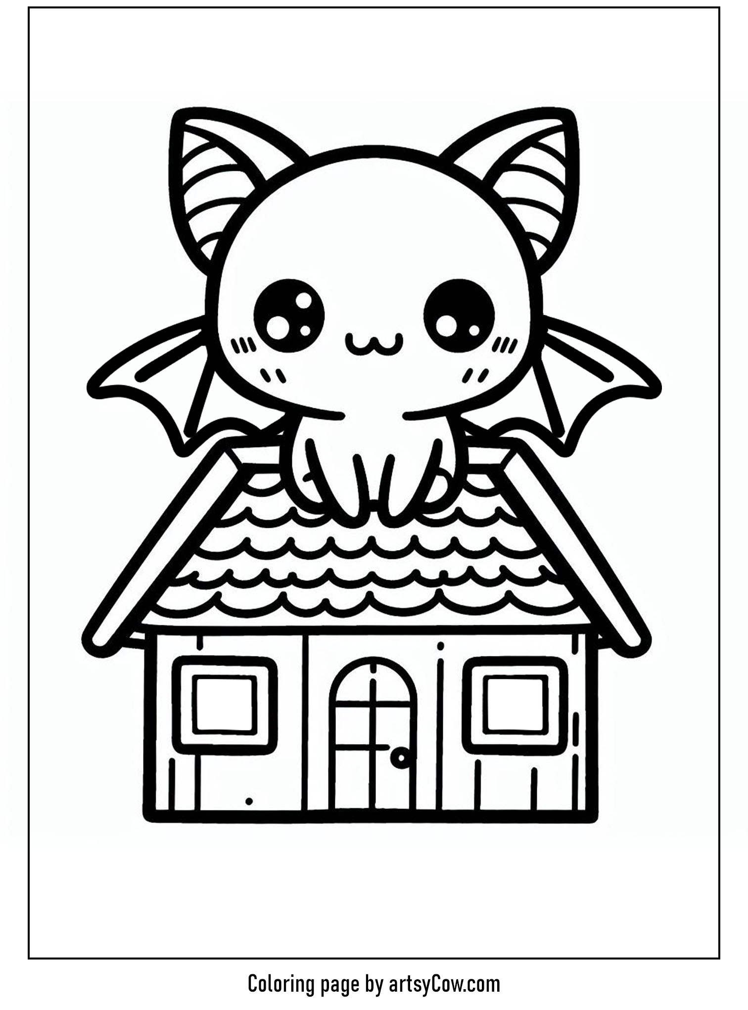 halloween coloring pages with bats, featuring a charming bat perched on top of a cute cartoon-style house.